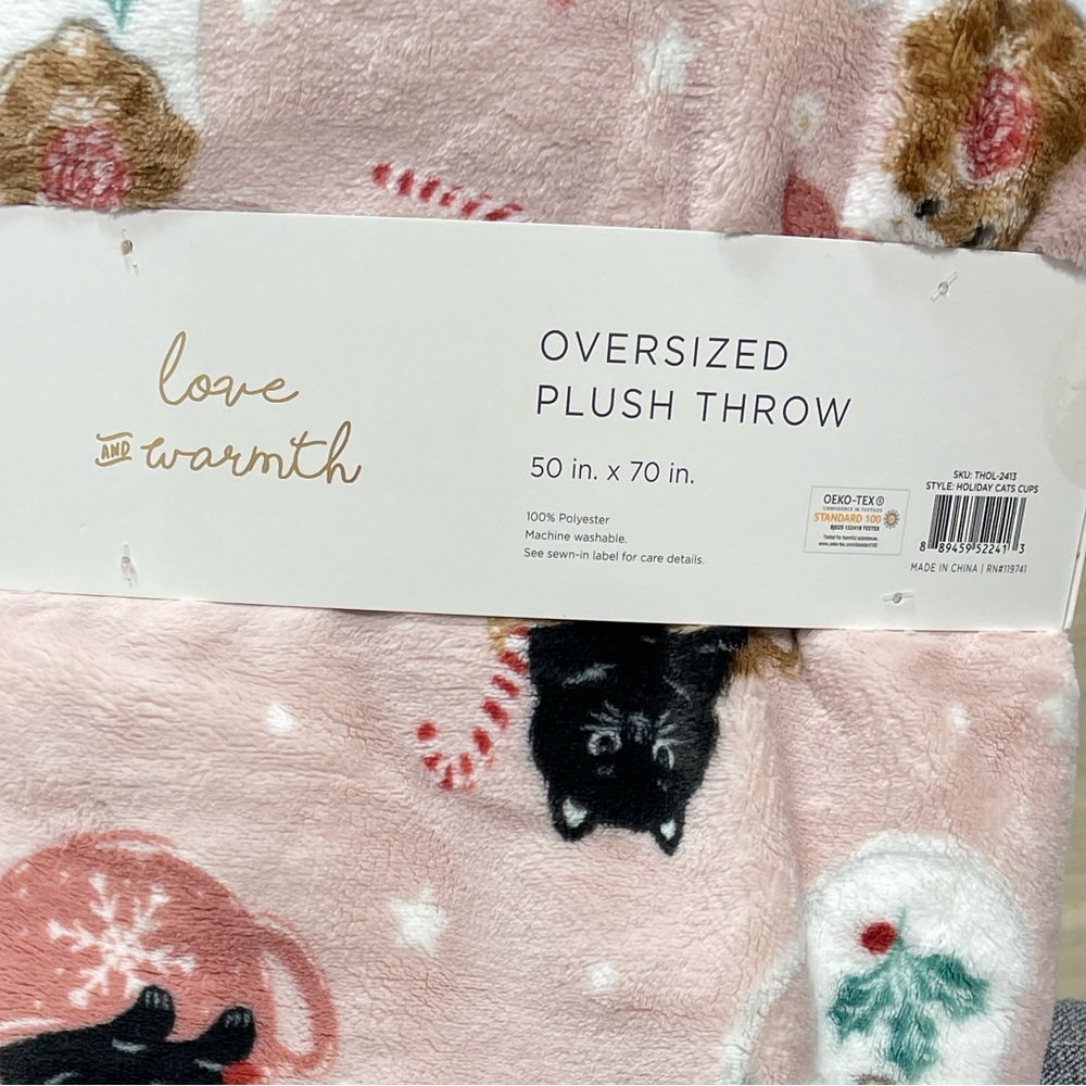 Pink Christmas Cats & Coffee Cups πββ¬π©·ππ Plush Holiday Throw blanket NwT - Picture 5 of 10